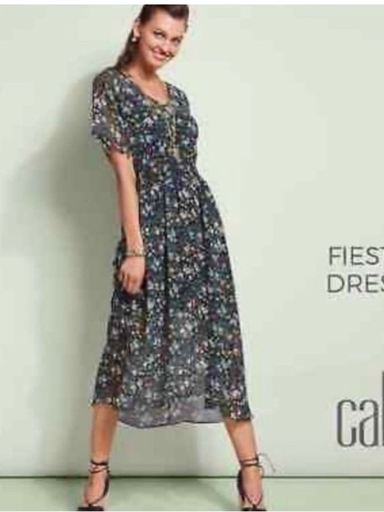 CAbi Dresses & Skirts - CAbi Multi Colored Midi Short Sleeve Floral Print Fiesta Dress Style 5386